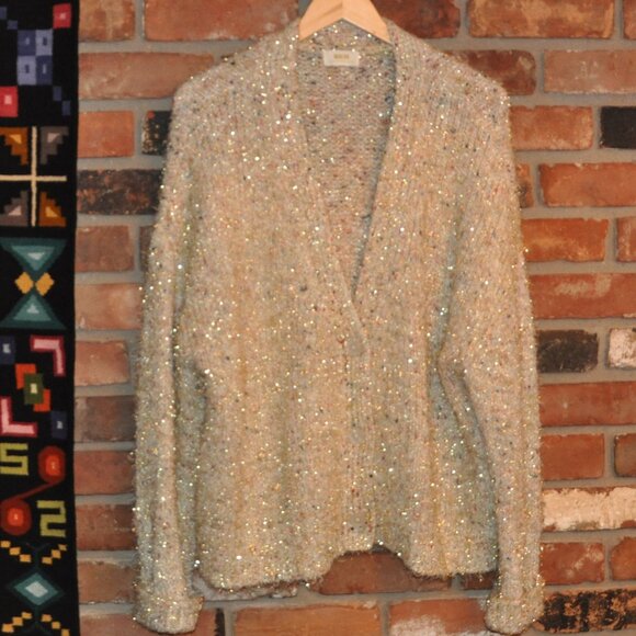 Anthropologie Maeve Twinkle Ivory Gold Tinsel Multicolor Knit Cardigan Sweater - Picture 5 of 9